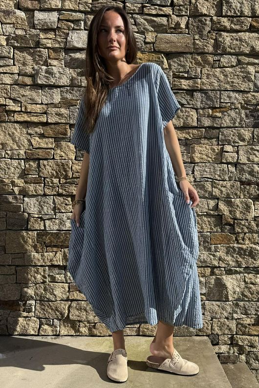 Salcombe Chalk Stripe Cotton Cocoon Dress Denim